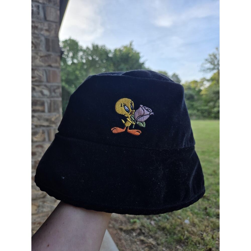 Vintage 1998 Warner Bros Kids Tweety Bird Black Cotton Velour Hat Looney Tunes